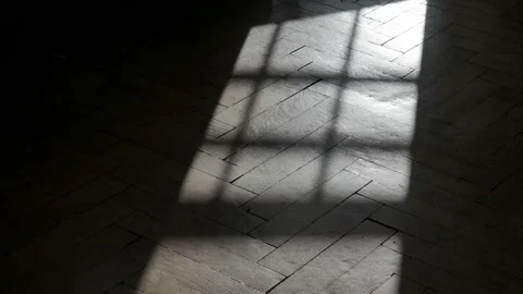 Shadows from the balcony railing move across the old parquet floor. Vídeo Stock 340658530