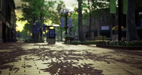 Shadows cast on cobblestone pathway in a tranquil city park at dusk Stock Illustration