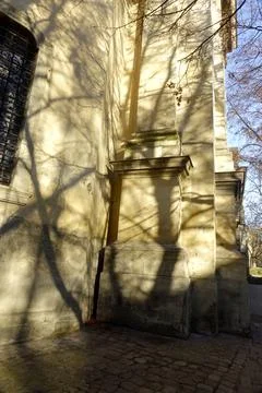 Shadows Cast on the Medieval Cathedral Foundation of the Dominicans in Lviv.. Stock Photos