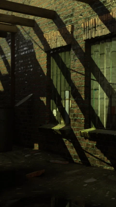 Shadows create patterns on the brick wall in a narrow alley during daytime Stock Footage 332221585