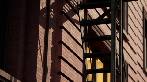 Shadows Dance on a Brick Wall Beside a Fire Escape Ladder Stock Footage 344819549