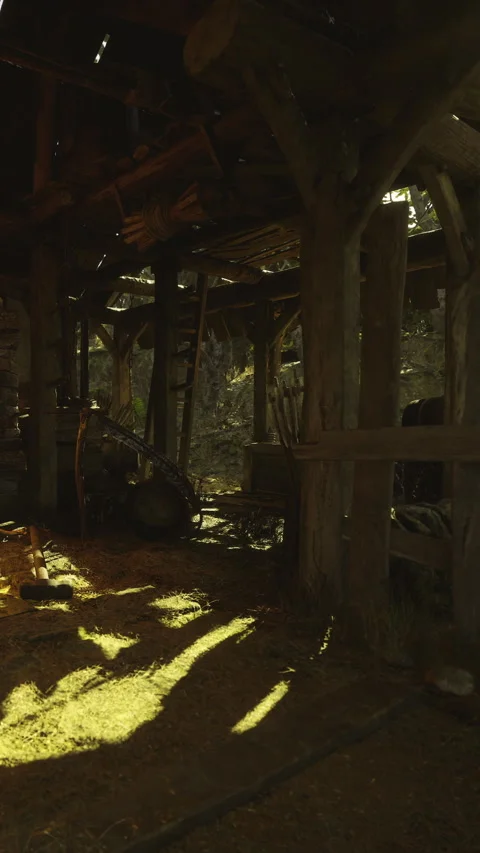 Shadows dance in a rustic barn filled with golden light and forgotten memories Stock Footage 331809895