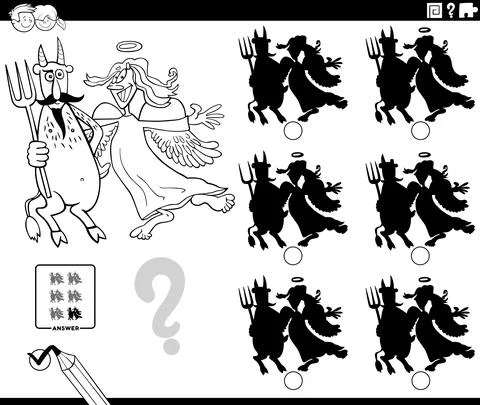 Shadows game with angel and devil coloring book page Stock Illustration