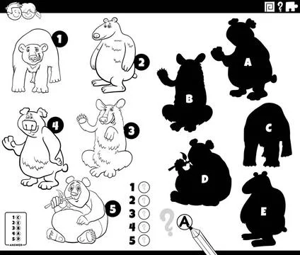Shadows game with bears animals coloring book page Black and white cartoon... Stock Photos