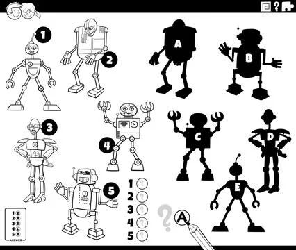 Shadows game with cartoon robots coloring page Stock Illustration