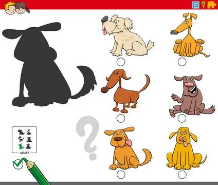 Shadows game with comic dog characters Cartoon Illustration of Finding the... Stock Photos