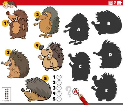Shadows game with comic hedgehogs animal characters Cartoon illustration o... Stock Photos
