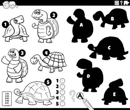 Shadows game with funny turtles characters coloring page Black and white c... Stock Photos