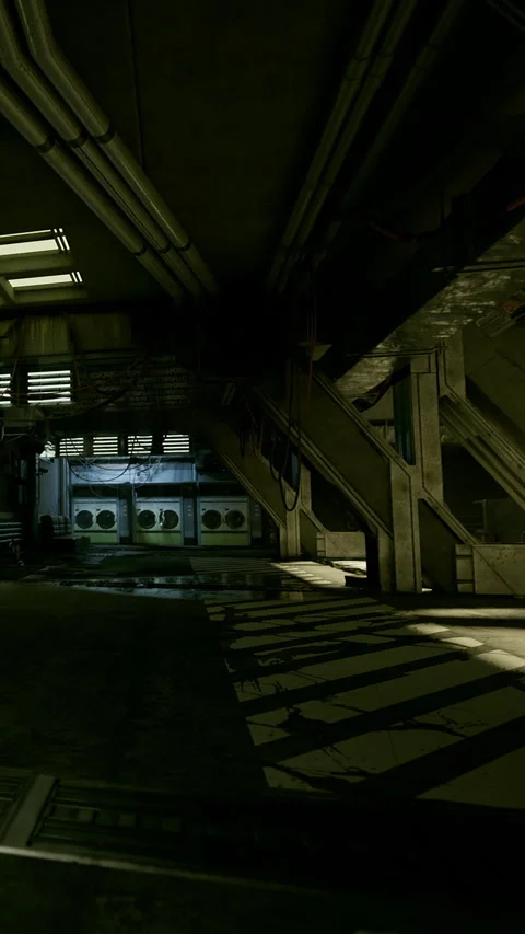 Shadows on the industrial floor of a large warehouse at night Stock Footage 334306865