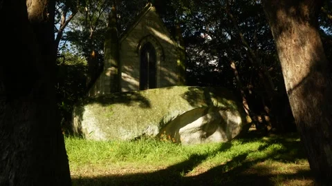 Shadows on large boulder rock at Wentworth Mausoleum in Australia 6K Stock Footage 304476203