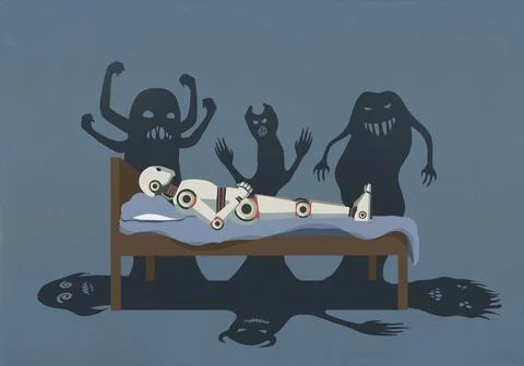 Shadows of monsters surrounding humanoid robot laying in bed at night Stock-Illustration