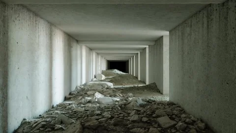 Shadows move through the concrete corridor with debris and rubble. 3d render Stock Footage 293321868