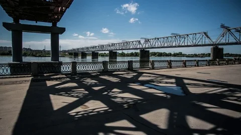 Shadows movement on promenade Ob river. Novosibirsk Stock-Footage 84702683