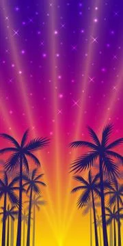The shadows of palm trees on a sunset and evening shining stars background. Stock-Illustration