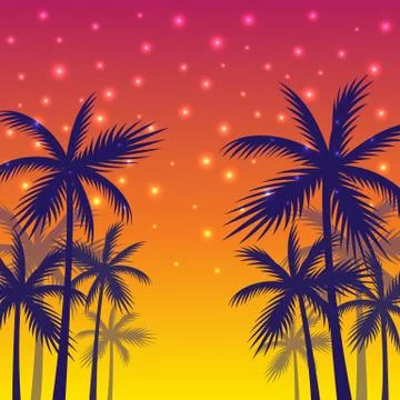 The shadows of palm trees on a sunset and evening shining stars background. Stock Illustration