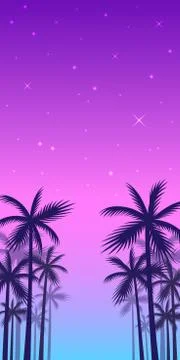The shadows of palm trees on a sunset and evening shining stars background. Stock Illustration