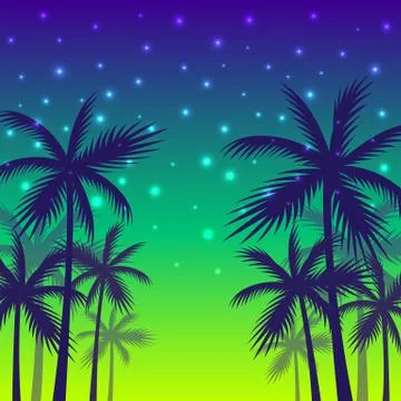 The shadows of palm trees on a sunset and evening shining stars background. Stock Illustration