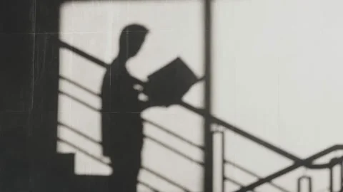 The shadows of a person going up and down the stairs while holding the book. Abs Stock Footage 140185614