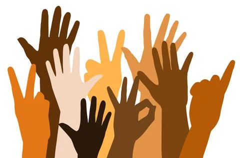 Shadows of Raised hands of different race skin color on white background 스톡 일러스트