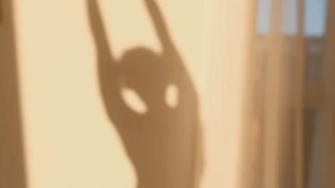 Shadows silhouette waking up doing stretching and morning exercises at home Stock Footage 148540679