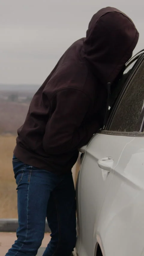 Shadowy figure hooded jacket covertly attempts break parked car intending steal Stock Footage 275079006