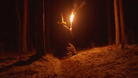 In a shadowy forest, a wizard carries a torch as he makes his way through the Stock Footage 306328225