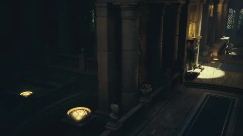 Shadowy hallway featuring luminous niches and atmospheric effects for scenes Stock Footage 340656875