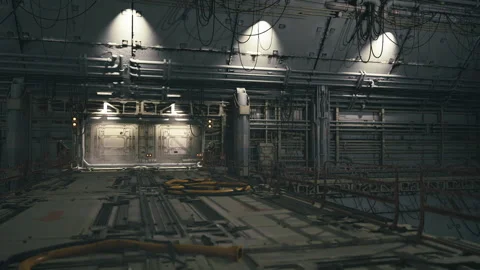 Shadowy interior of large hangar with scattered wreckage and echoing emptiness Stock Footage 333556321