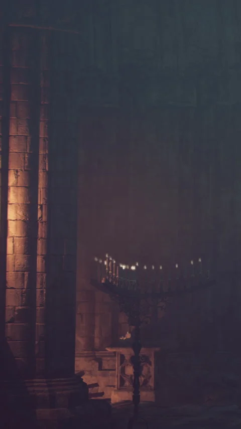 Shadowy interior of an old stone structure with candlelight glow Stock Footage 335355770
