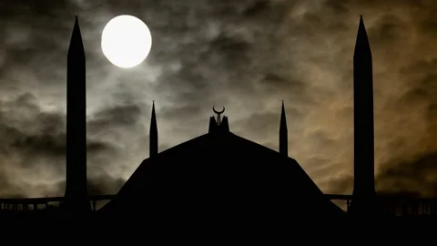Shah Faisal Mosque, Time Lapse in Dark Night with Full Moon, Islamabad Stock Footage 130587534
