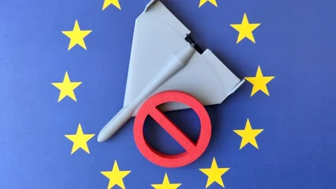 A Shahed drone featuring a prohibition symbol superimposed on the European Union Stock Footage 337825430