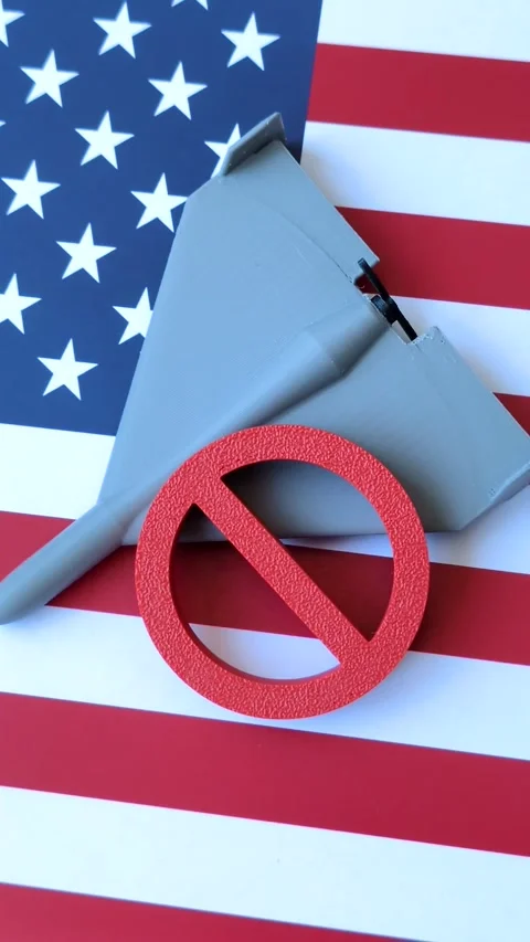 A Shahed drone featuring a prohibition symbol on the US flag, serving as a conce Stock Footage 337825526
