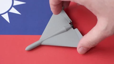 A Shahed drone featuring a prohibition symbol on the taiwanese flag as a concept Stock Footage 340477591