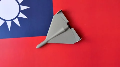 A Shahed drone featuring a prohibition symbol on the taiwanese flag as a concept Stock Footage 340477656
