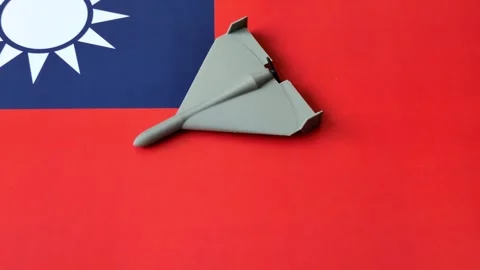 A Shahed drone featuring a prohibition symbol on the taiwanese flag as a concept Stock Footage 340477659
