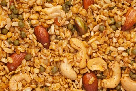 Shahi Mixture full-frame wallpaper  with almonds, cashew, corn flakes, peanut 스톡 사진
