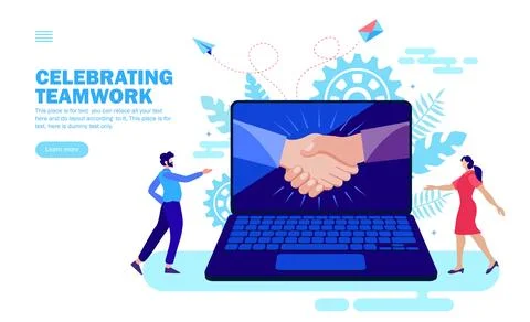 Shake hand and congratulations in computer with people celebrating teamwork, sha Stock Illustration