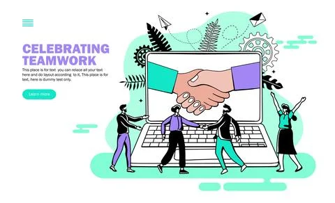 Shake hand and congratulations in computer with people celebrating teamwork, sha Illustrazione stock