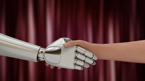 Shake hand human and robot on stage with curtain background. 스톡 일러스트