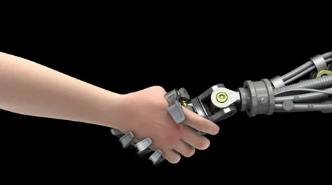 Shake hands with a robot. Black background. Stock Footage 32242094