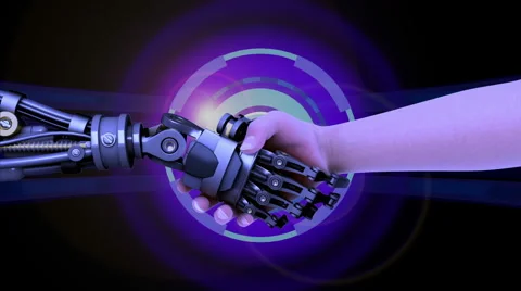 Shake hands with a robot on high-tech background Stock Footage 40477530