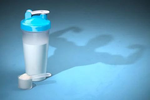 Shaker with whey protein and shadow of bodibuilder. Sports  nutrition supplem Stock Illustration