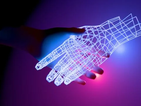 Shaking hands with artificial intelligence entity. Digital 3D render. Stock Illustration