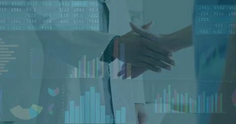 Shaking hands, doctors with financial data processing image over medical charts Stock Photos