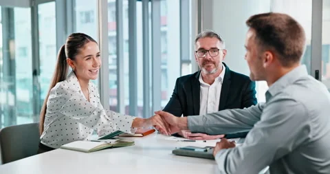 Shaking hands, interview and business people with tablet in office for HR and Stock Footage 341427994