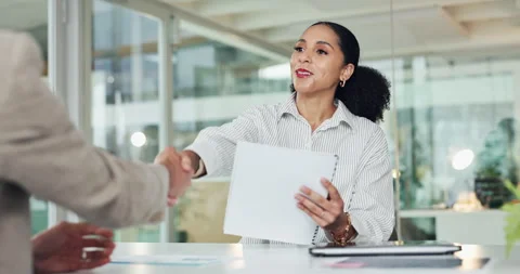 Shaking hands, interview and people in meeting with document, discussion and Stock Footage 318225139