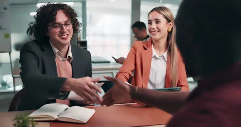 Shaking hands, interview or hiring with people in office, onboarding and HR with Stock Footage 341458581