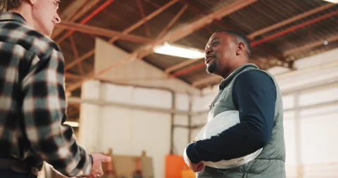 Shaking hands, men and carpenters in workshop with offer, agreement or Stock Footage 341313807