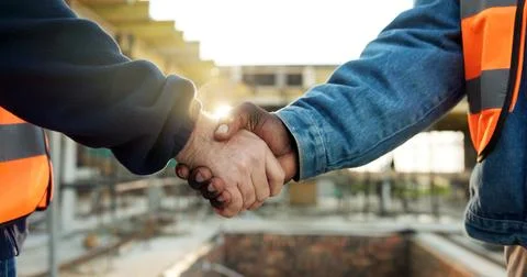 Shaking hands, men and construction workers on site for deal on building Stock Photos