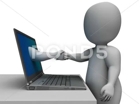 Shaking hands through computer shows online deal Stock Illustration
